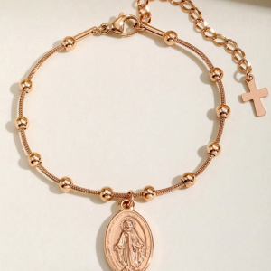 Pulsera acero inoxidable cuentas Virgen María - Oro Rosa